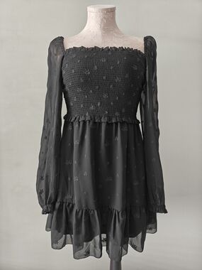 Wilfred Black Embroidered Tempest Mini Dress Chiffon Tiered Ruffle Skirt Smocked
